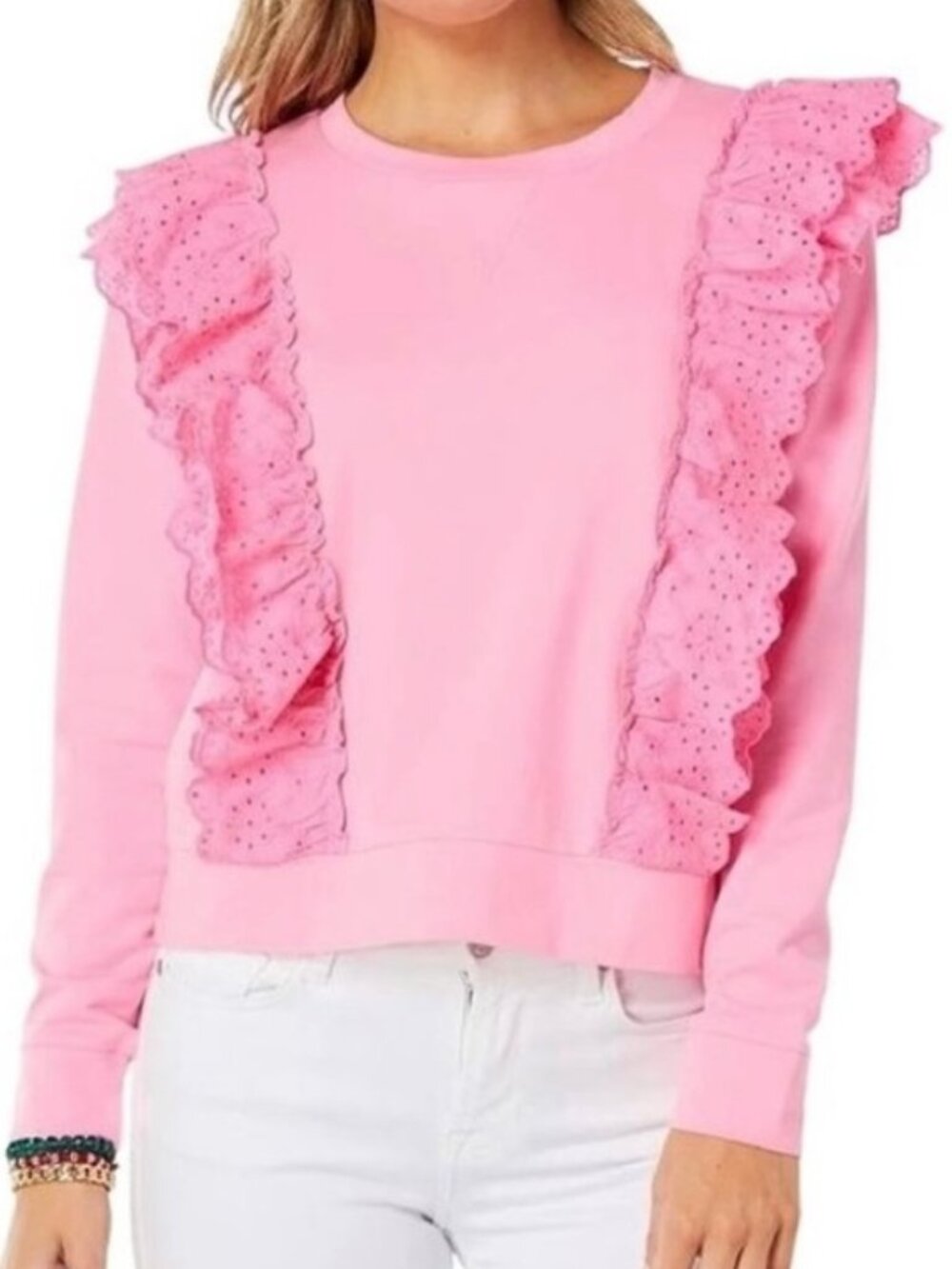 Lilly Pulitzer Deva Sweatshirt Top Size Small Pink Shandy Ruffle Long Sleeves